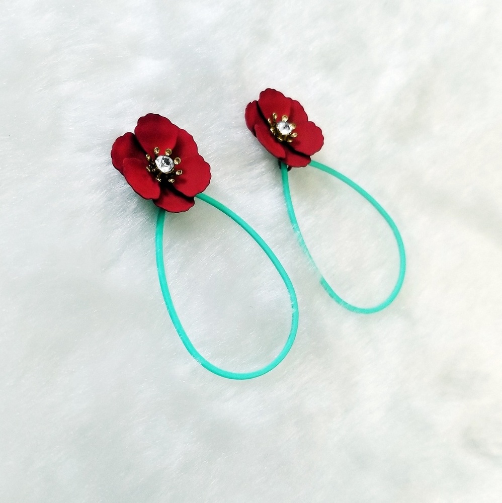 Red Turquoise Floral Dangle Statement Earrings